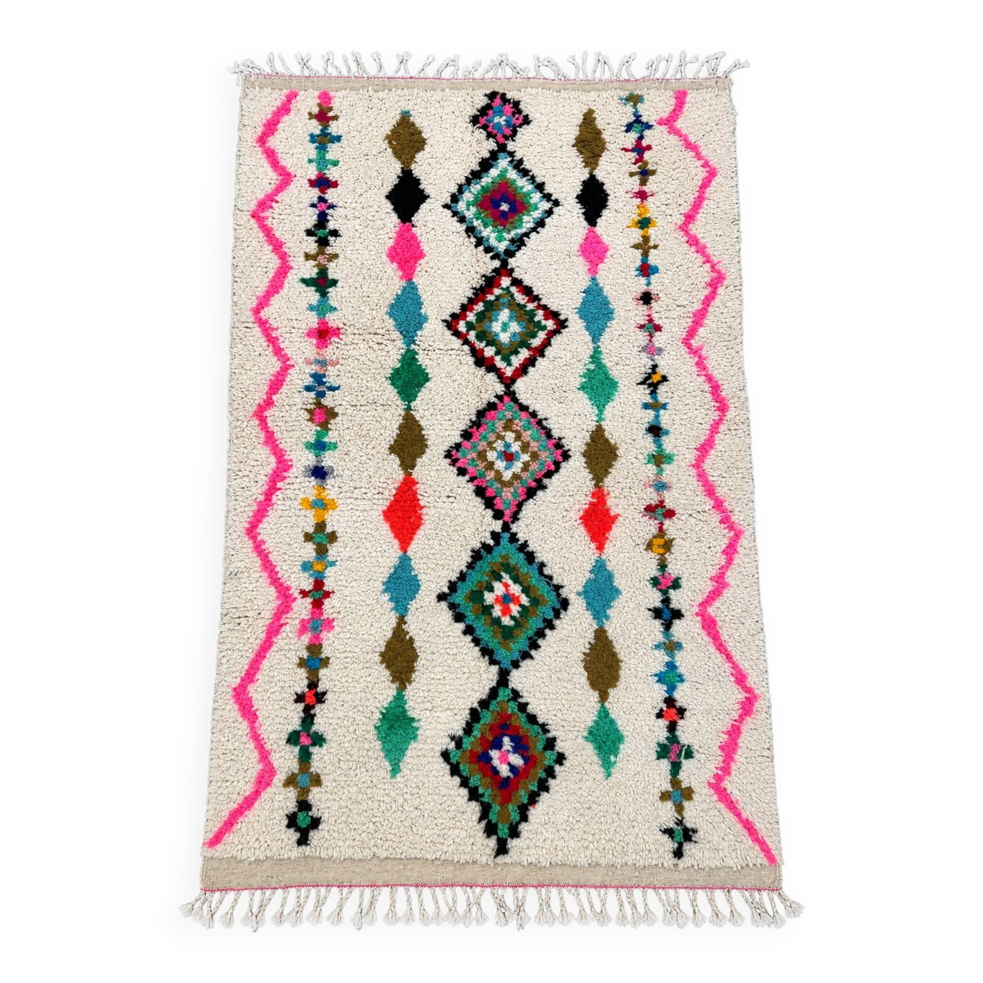 Moroccan Berber rug in ecru with multicoloured diamonds and bright pink – 240 × 139