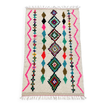 Moroccan Berber rug in ecru with multicoloured diamonds and bright pink – 240 × 139