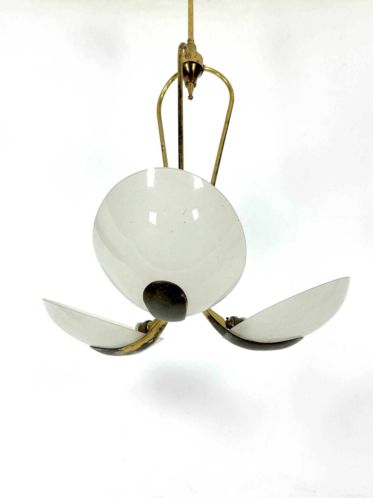 Vintage Italian brass and curved glass chandelier from 1950s