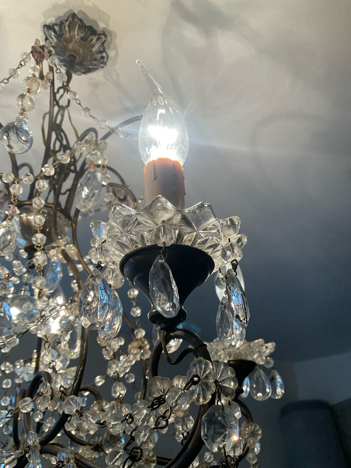 Antique cage chandelier with rock crystal pendants