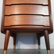 Norwegian bedside table with 3 drawers, teak and brass clogs