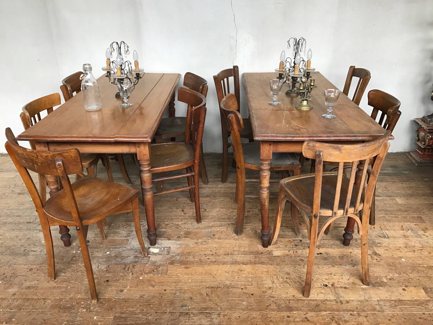 Series of 20 vintage mismatched bentwood bistro chairs