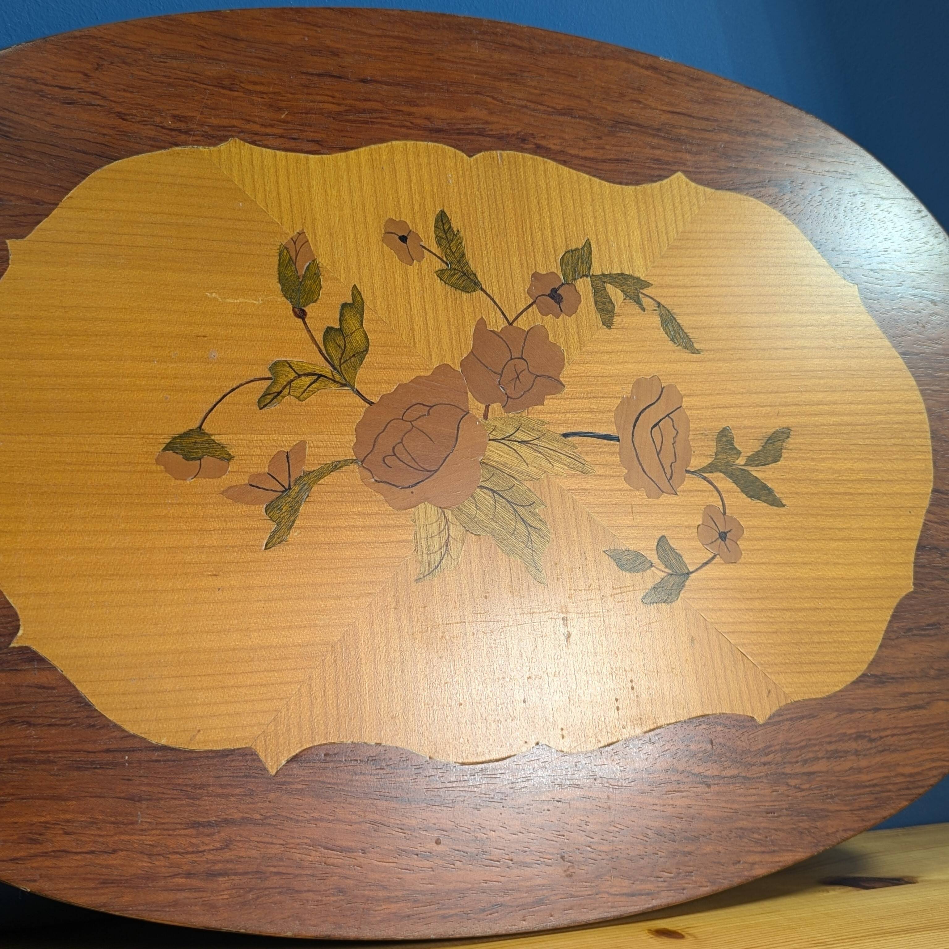 Large oval wooden tray with floral marquetry 50cm