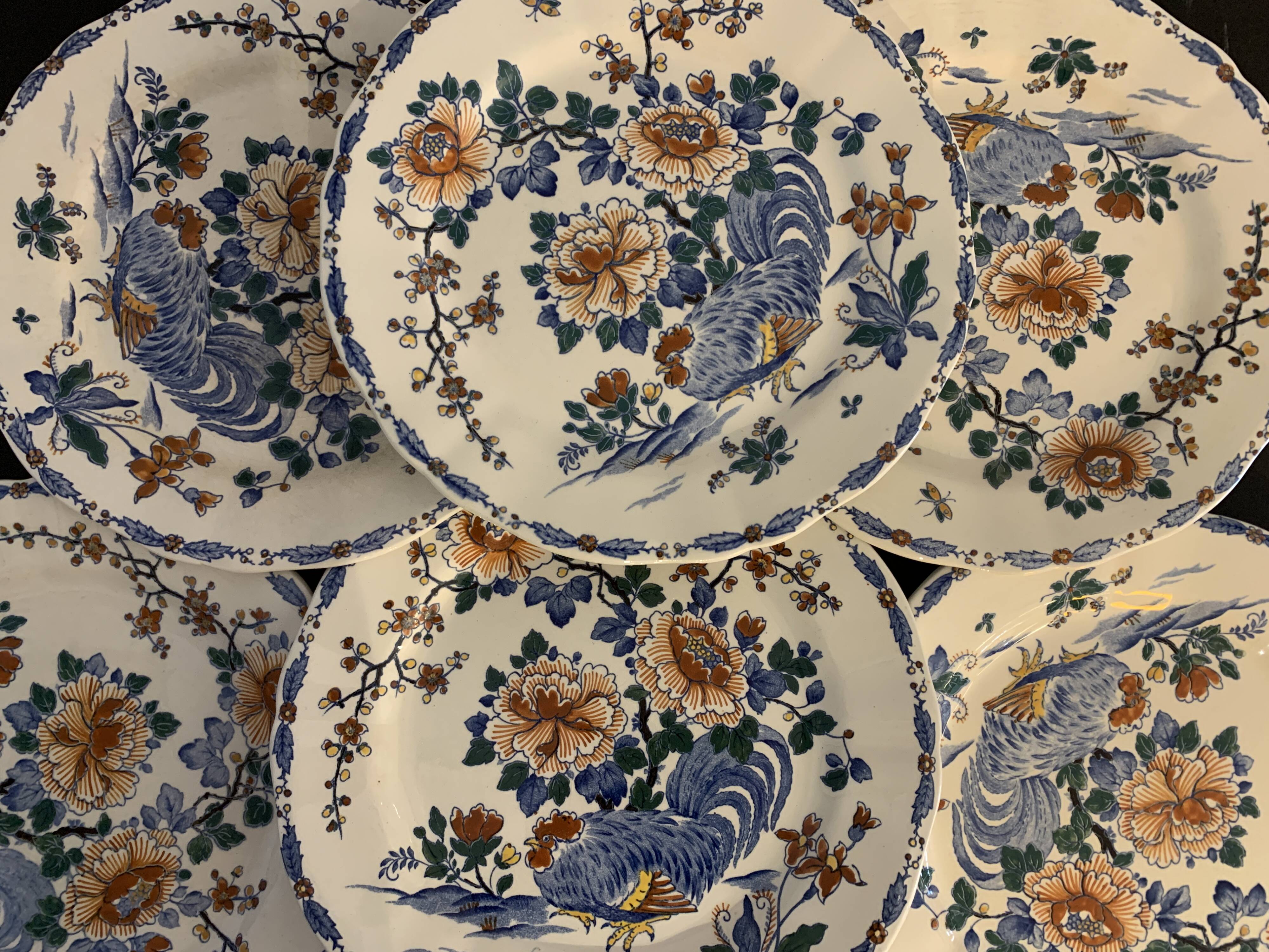 11 flat plates Rooster with Peonies, Gien earthenware