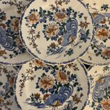 11 flat plates Rooster with Peonies, Gien earthenware