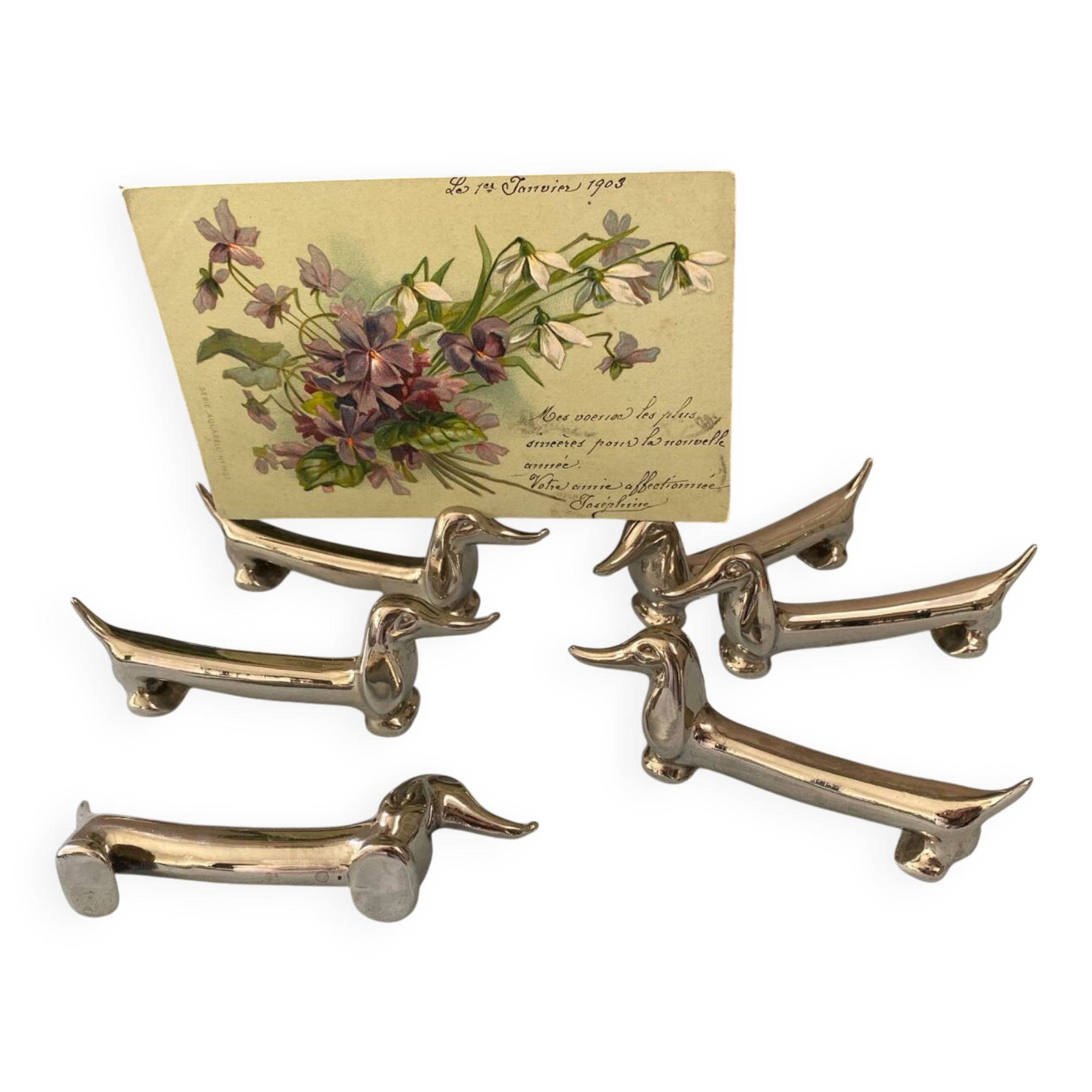 Set of 6 vintage V. Bugatti dachshund knife holders