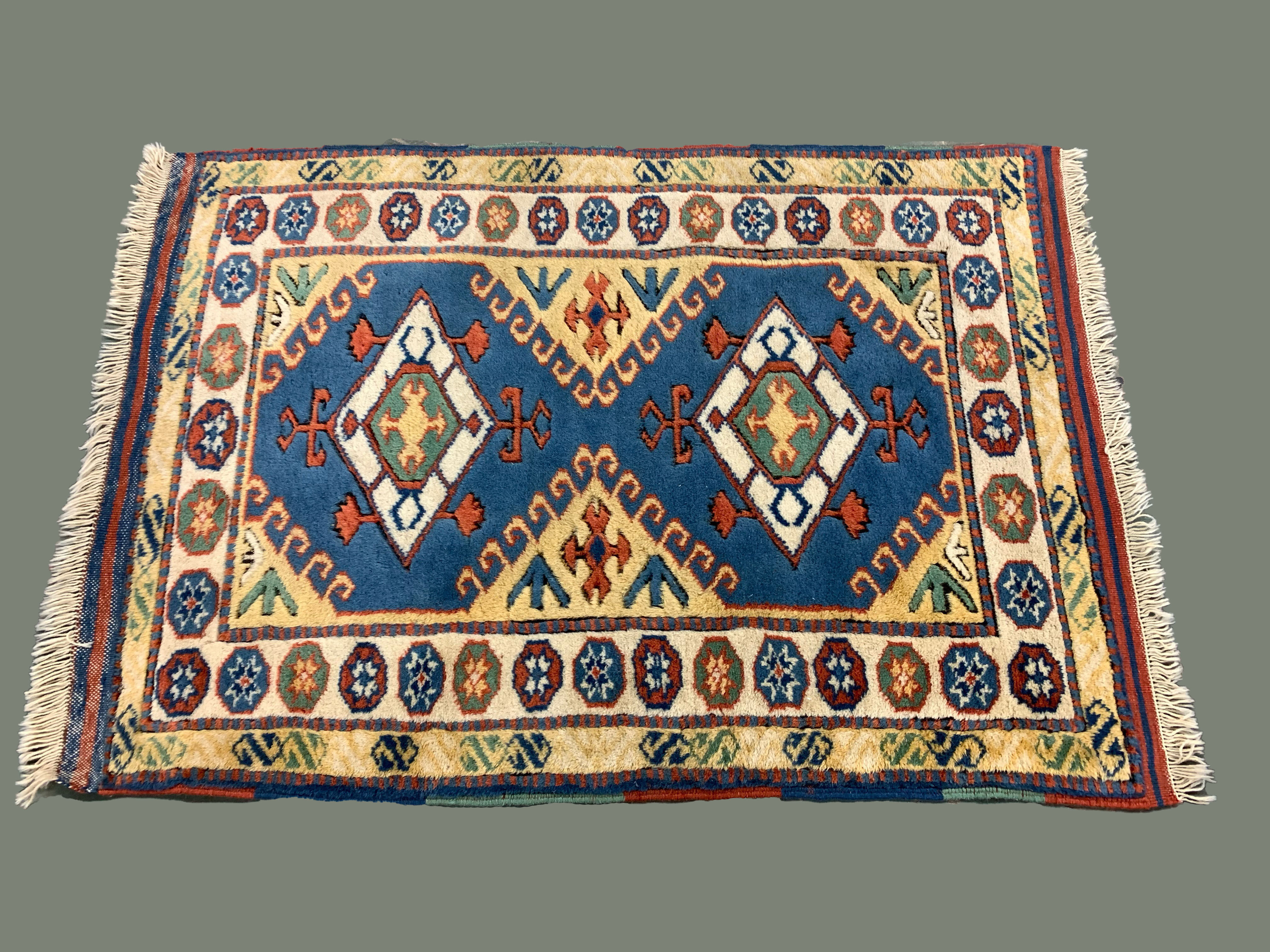Old Turkish Kazak Rug Oriental 123x95 cm vintage tribal carpet, Red and Blue