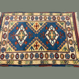 Old Turkish Kazak Rug Oriental 123x95 cm vintage tribal carpet, Red and Blue