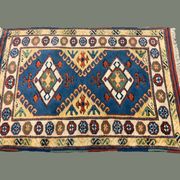 Old Turkish Kazak Rug Oriental 123x95 cm vintage tribal carpet, Red and Blue
