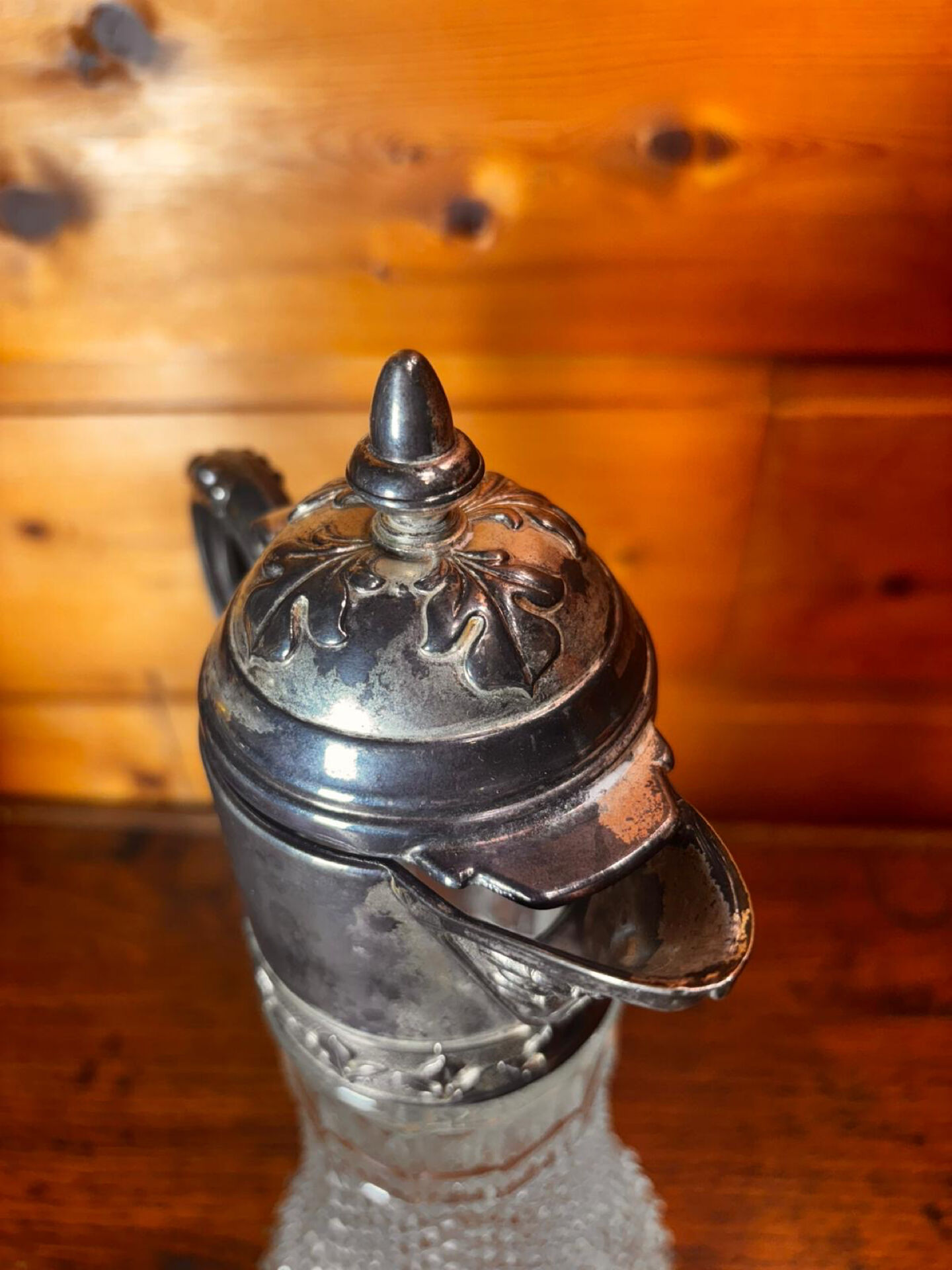 Beautiful moulded glass carafe jug, silver-plated mount, vintage.
