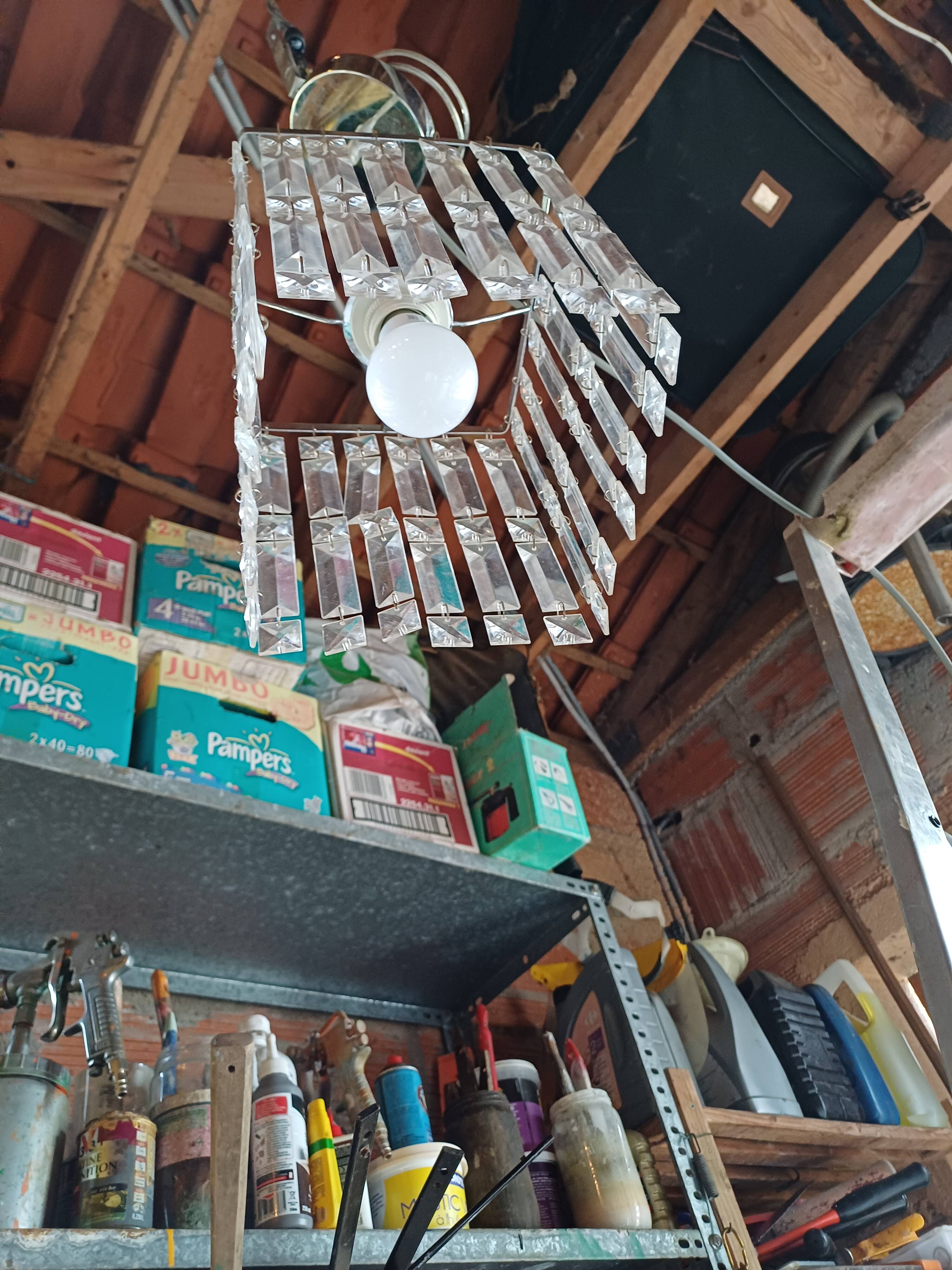 Vintage Chrome Chandelier and Transparent Plastic Pendants