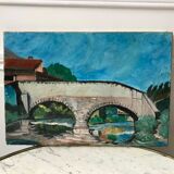 Oil painting on canvas landscape bridge and old river