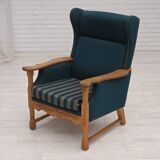 1970s, Danish highback armchair, furniture wool, solid oak wood.