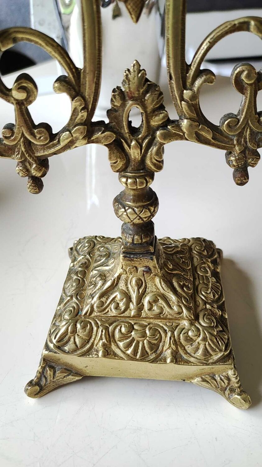 Altar candlestick with 2 branches, napoleon iii style, bronze patina old gold