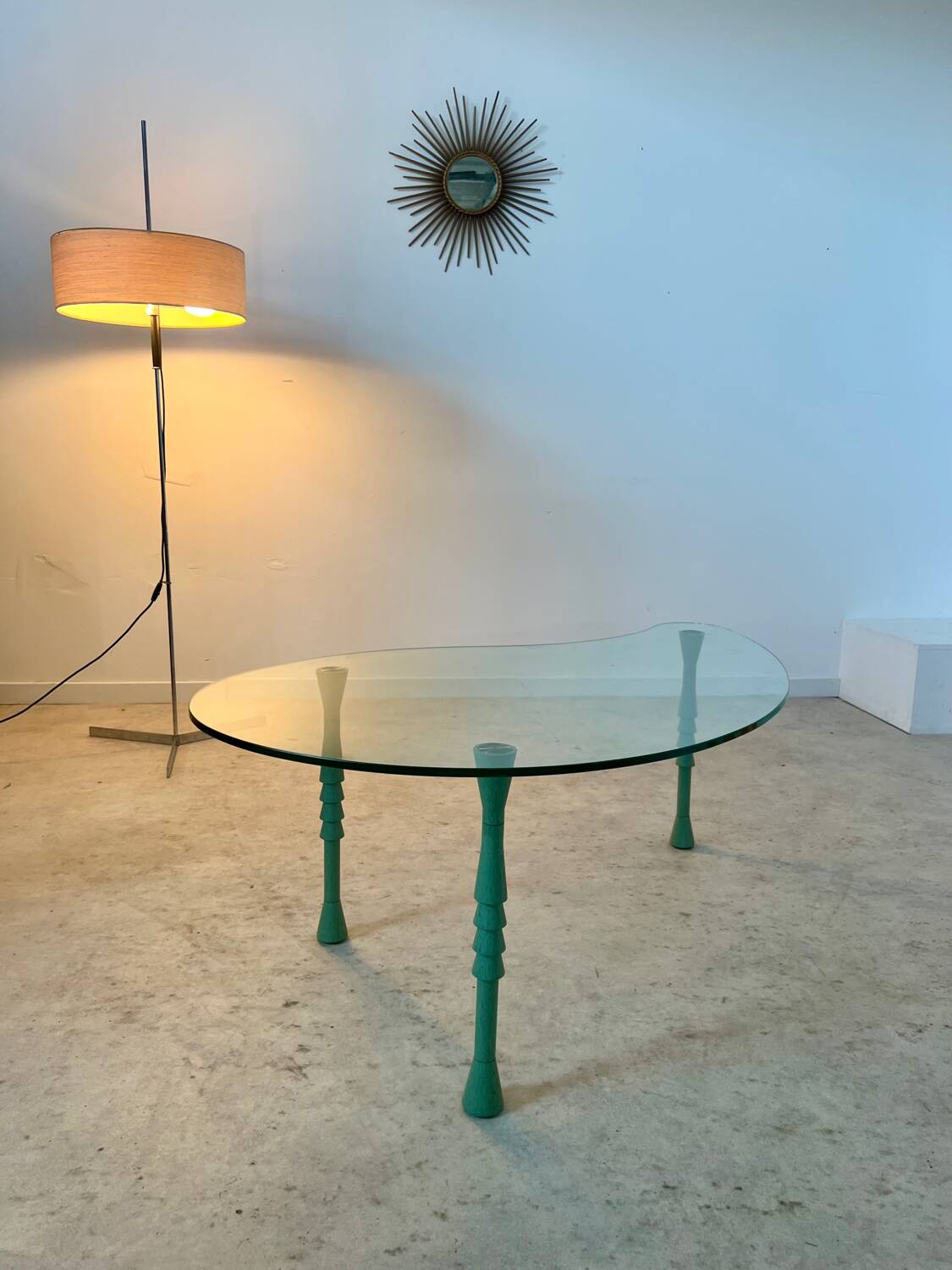 Old bean coffee table free form glass top Italian design 80s vintage