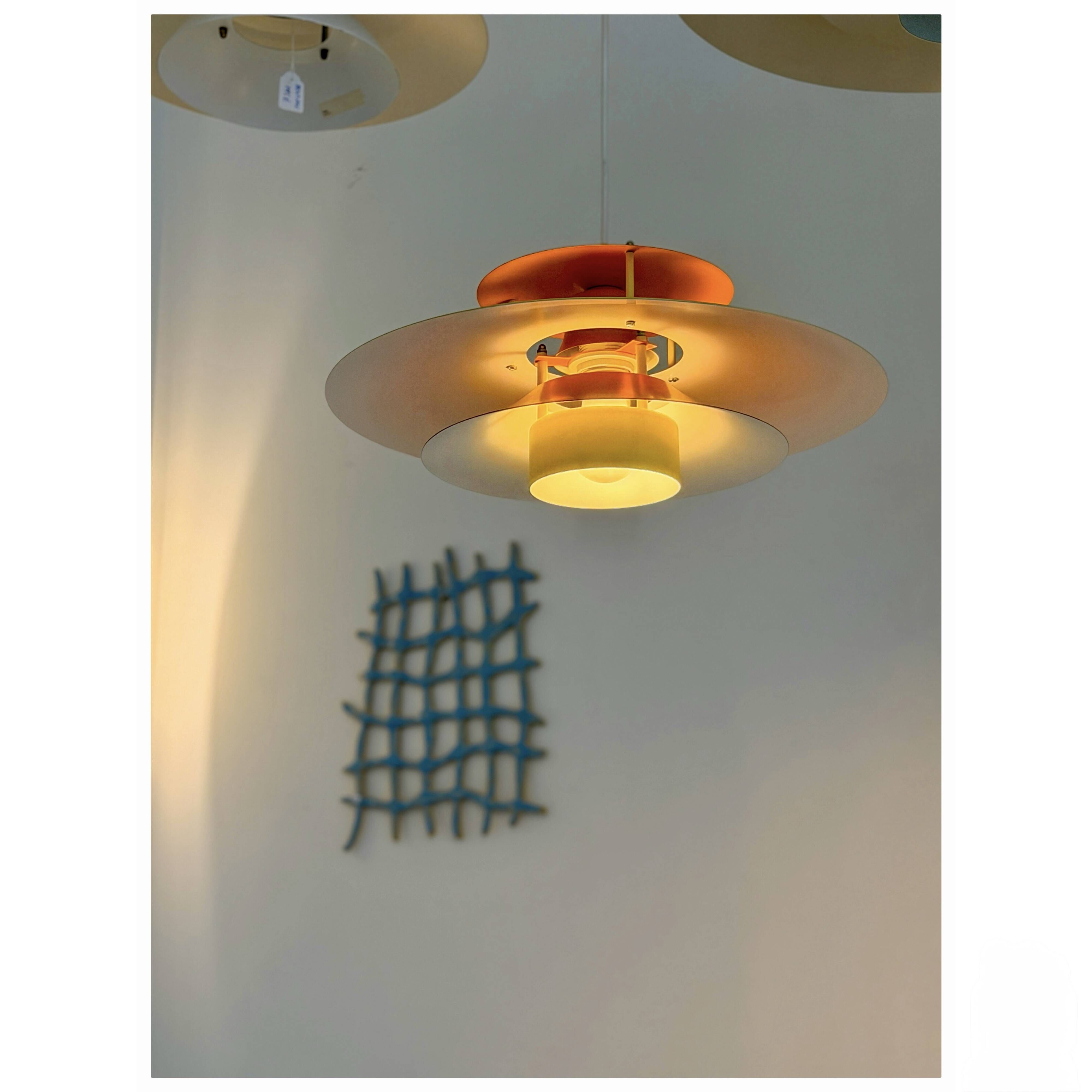 Vintage Danish metal pendant light in orange and yellow – 1970s