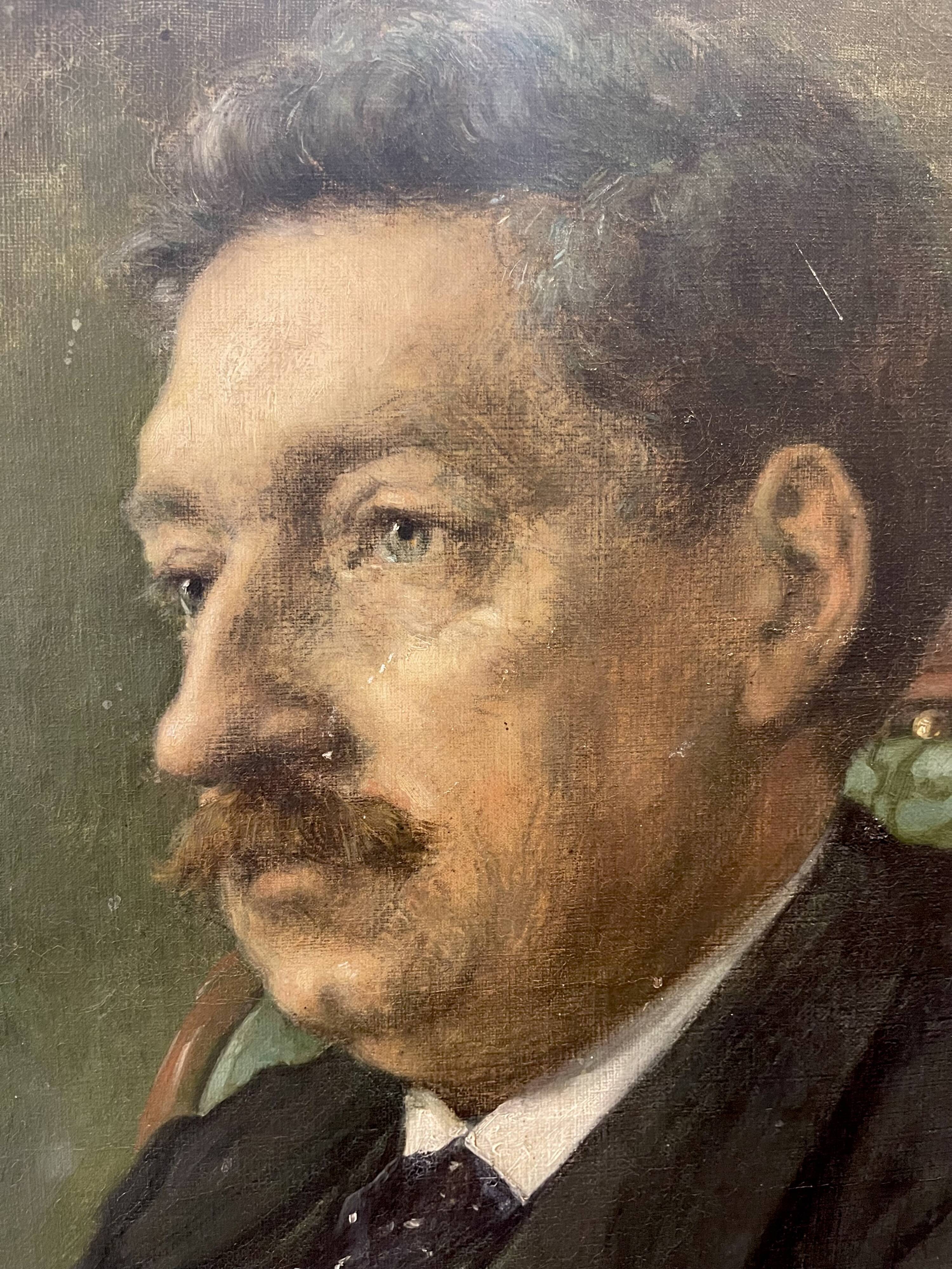 Portrait painting of a man with green eyes and mustache signed 1904