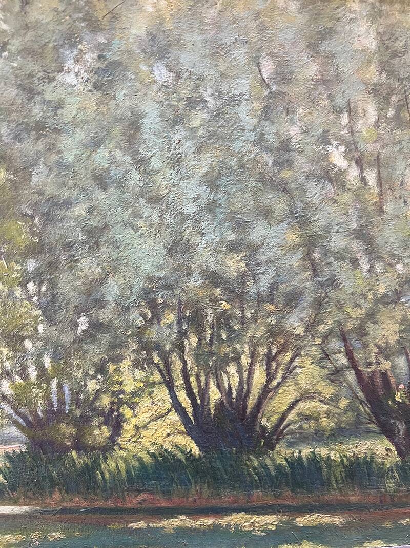 Painting "Trees on the edge of a pond", A.Beauvarlet, Oil on wood