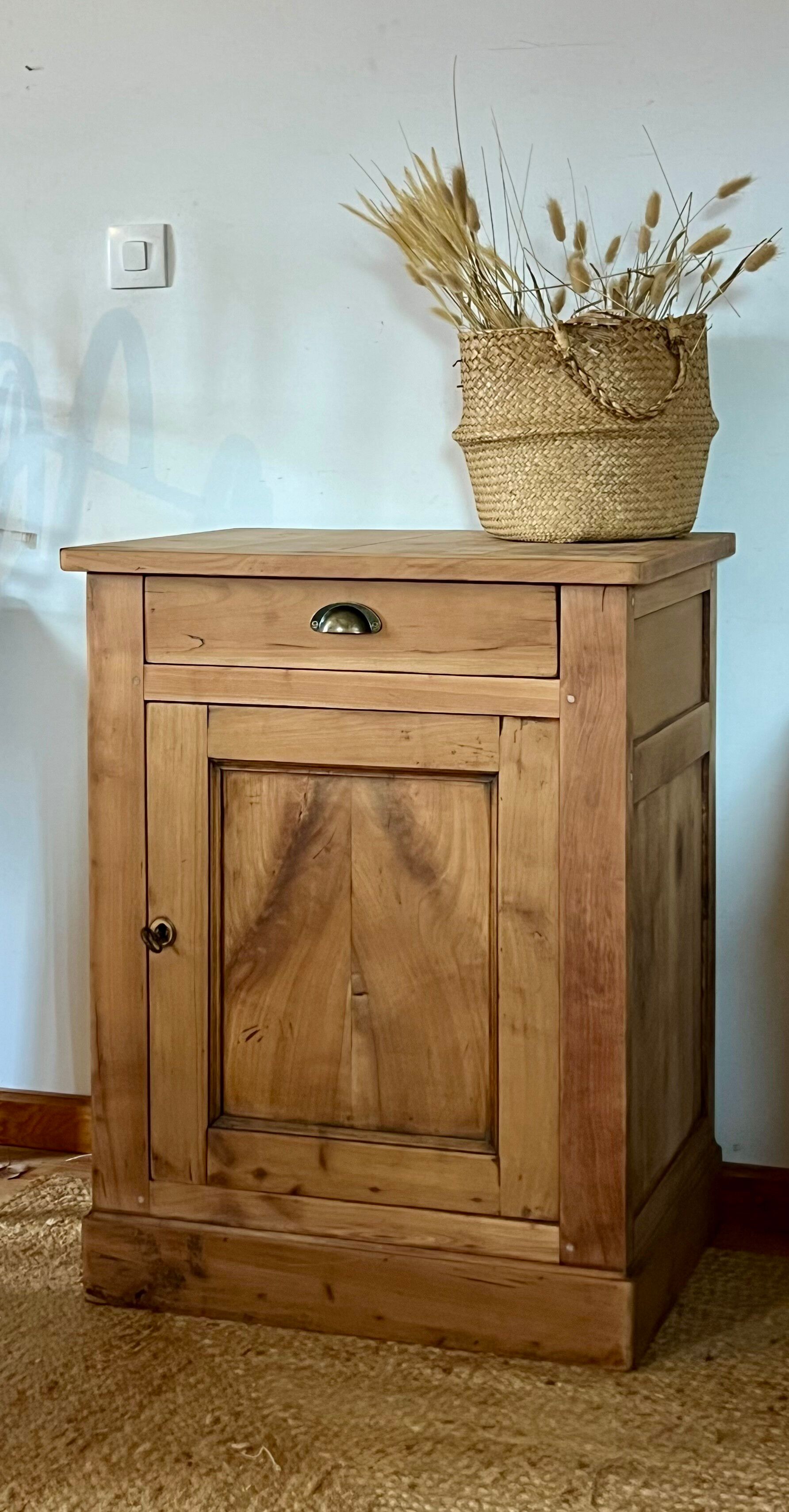 Buffet with 1 door and 1 drawer, renovated antique - solid wood jam cabinet in raw finish.