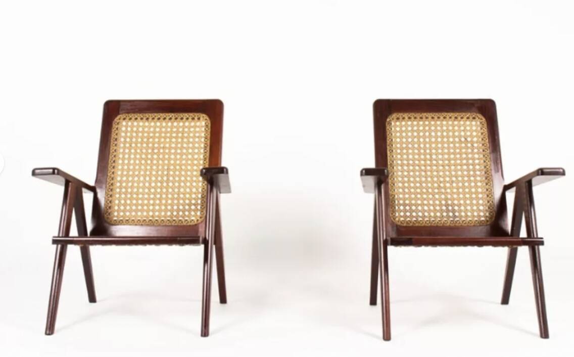 Paire de fauteuils en acajou et cannage 1950