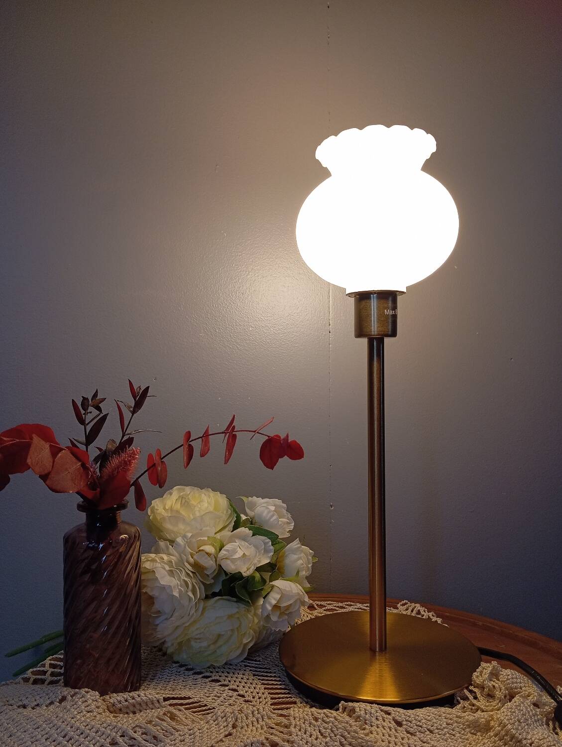 Living room lamp with gold metal base, matt white opaline globe, vintage