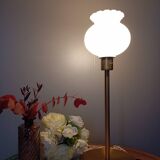 Living room lamp with gold metal base, matt white opaline globe, vintage