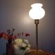 Living room lamp with gold metal base, matt white opaline globe, vintage