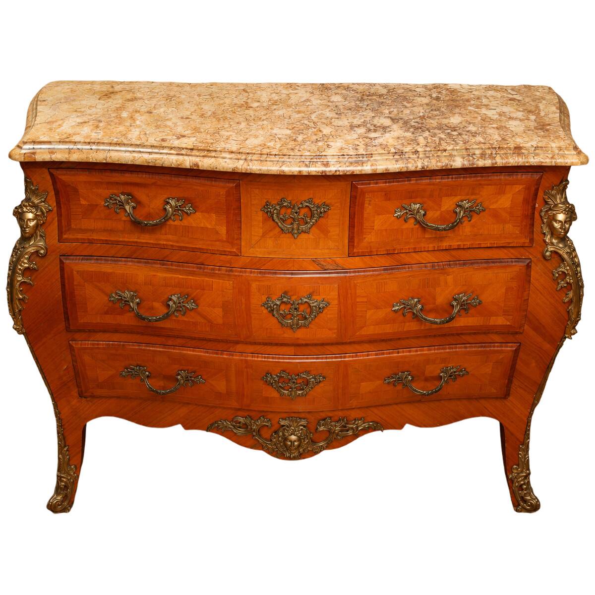 Commode Galbée De Style Louis XV En Marqueterie, Plateau De Marbre