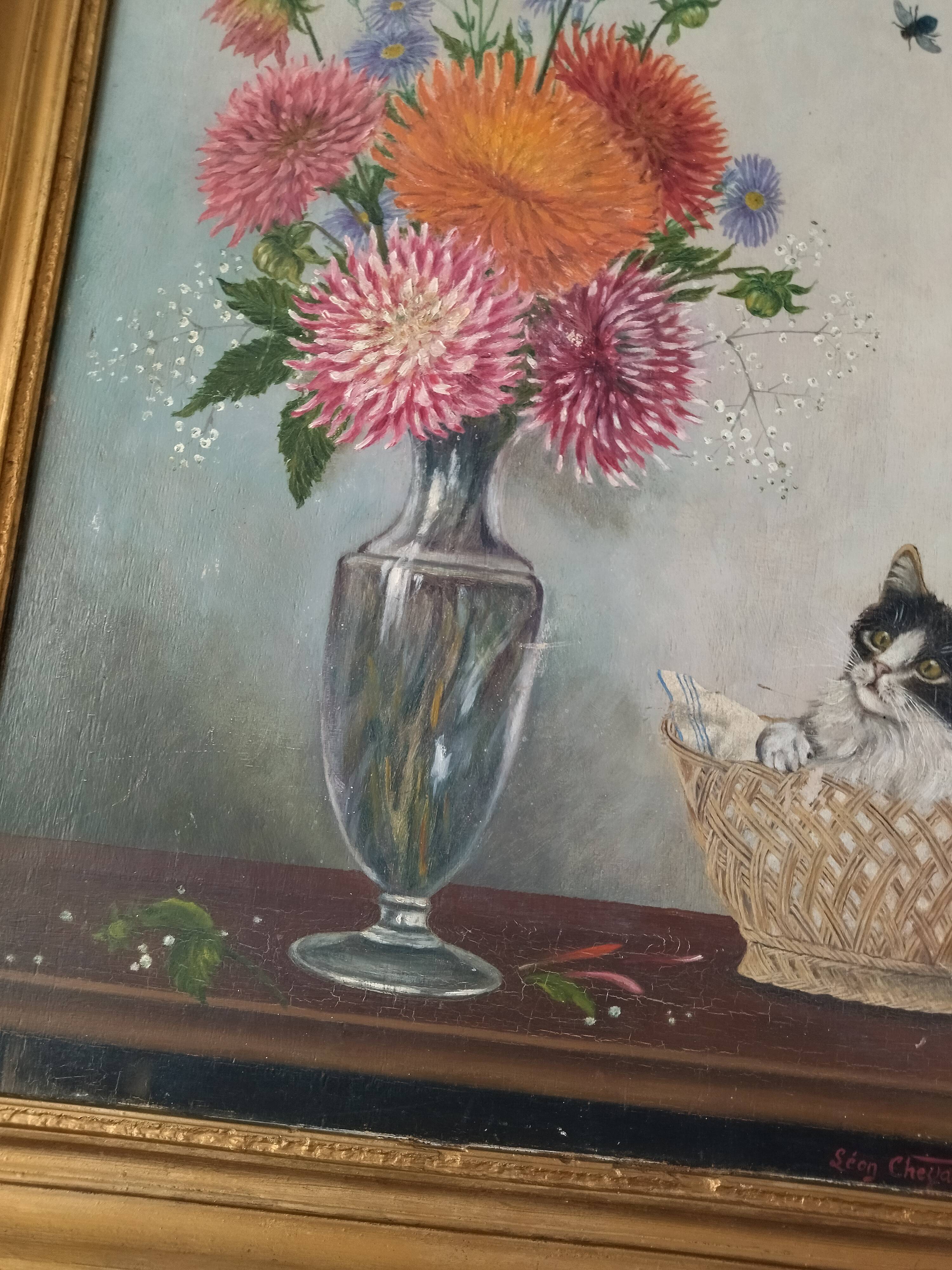 Old panel painting - Kitten and Flowers - Signed Léon Chevalier