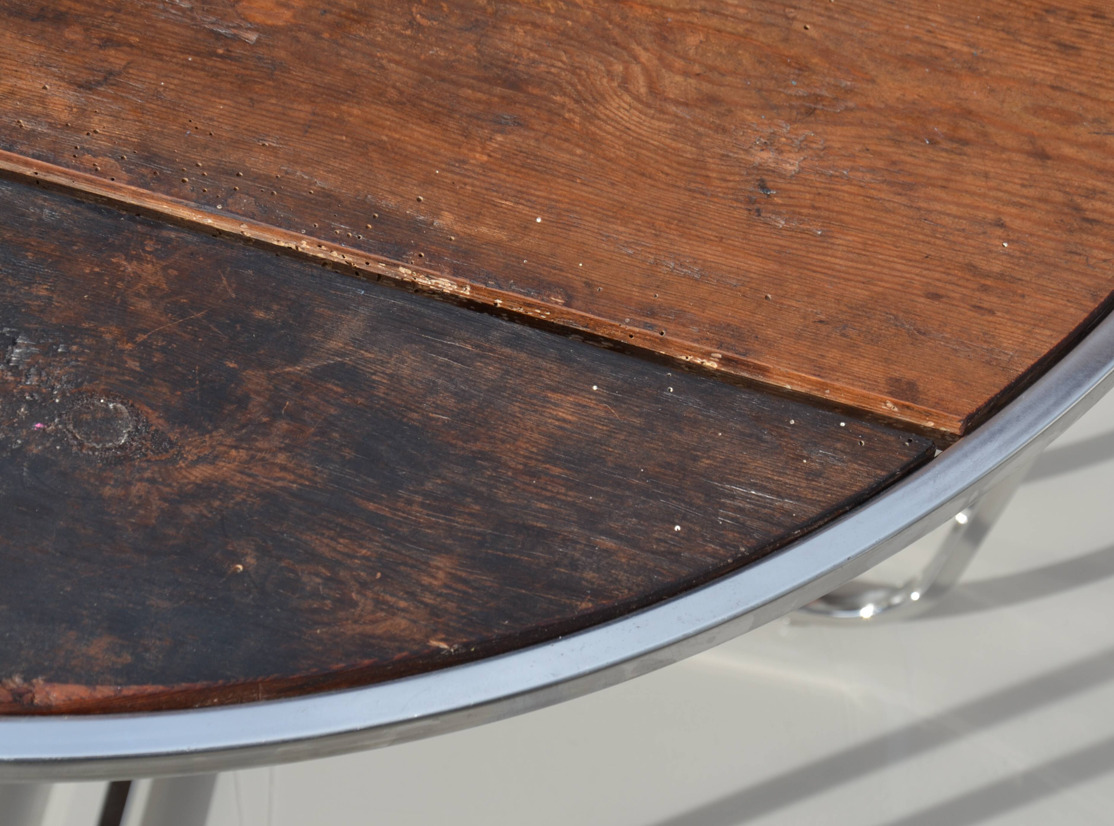 Rustic refurbished wood metal base industrial round coffee