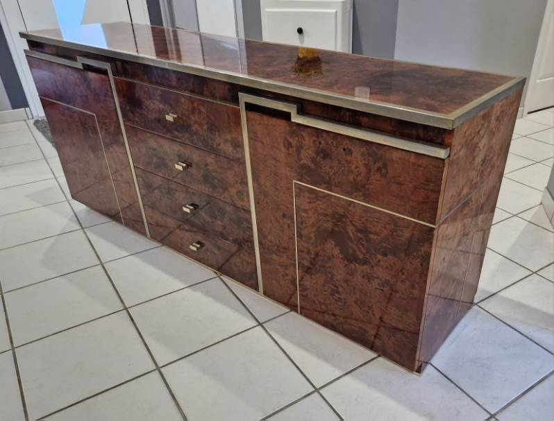 Vintage elm burl and chrome sideboard from the 1970s.