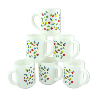 6 mugs in opal and tempered glass, multicolored confetti patterns, Arcopal France, 80s