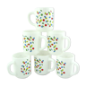 6 mugs en opale et verre trempé, motifs confettis multicolores, Arcopal France, années 80