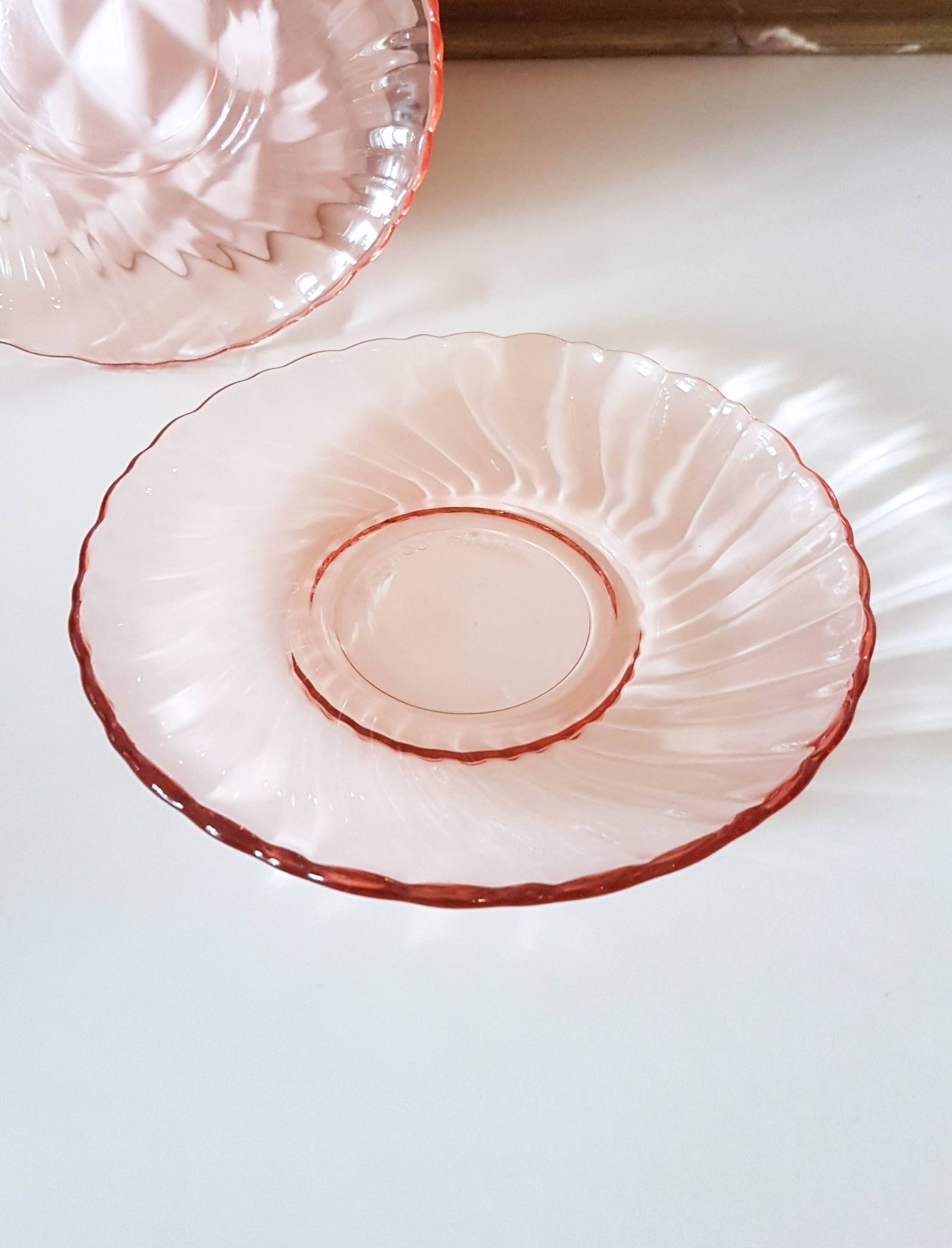 6 Rosaline LUMINARC pink glass tea cups and saucers made in France
