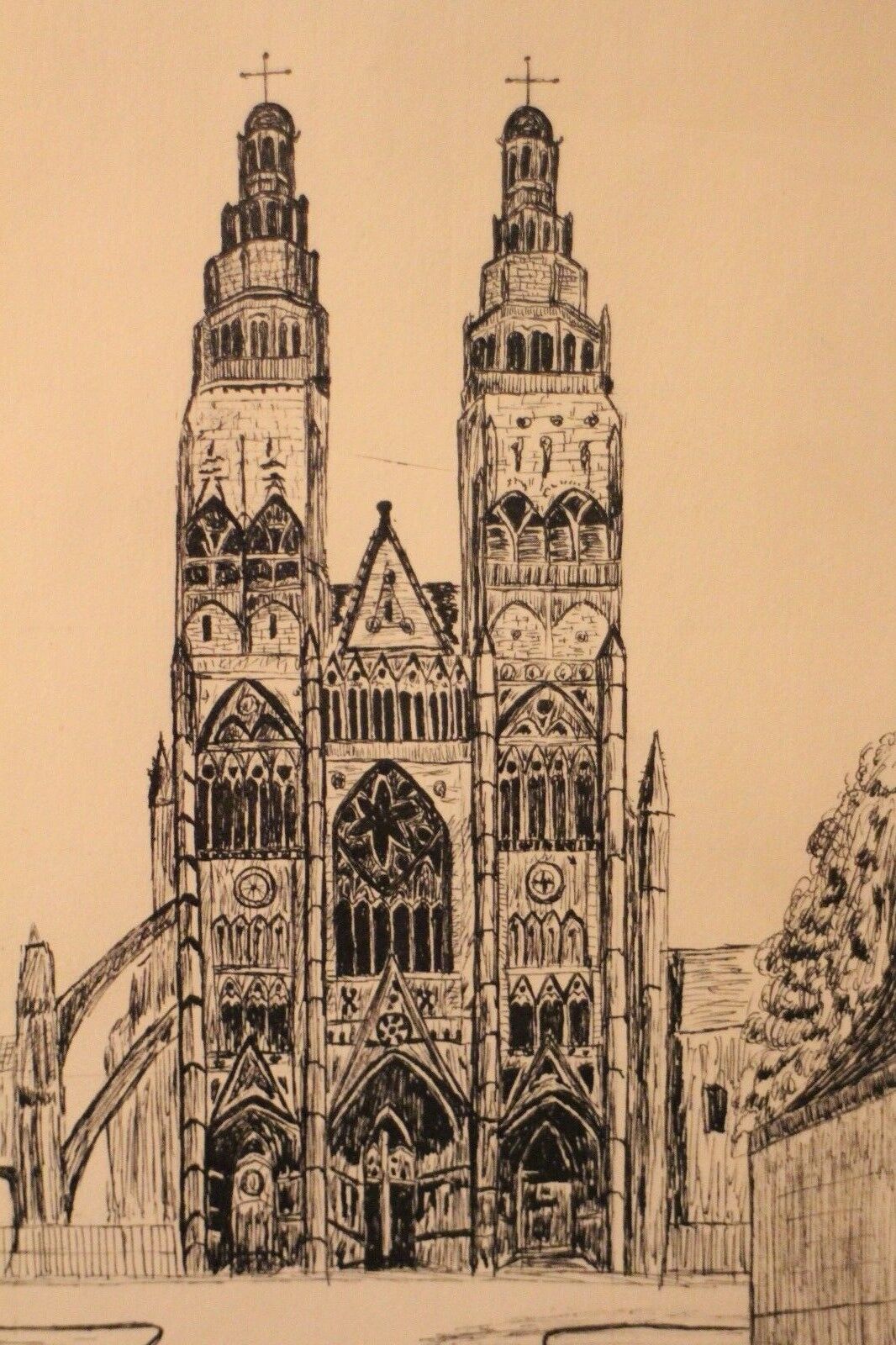 Pen drawing ink cathedral of Tours dated signed Talbot
