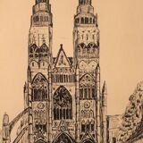 Pen drawing ink cathedral of Tours dated signed Talbot