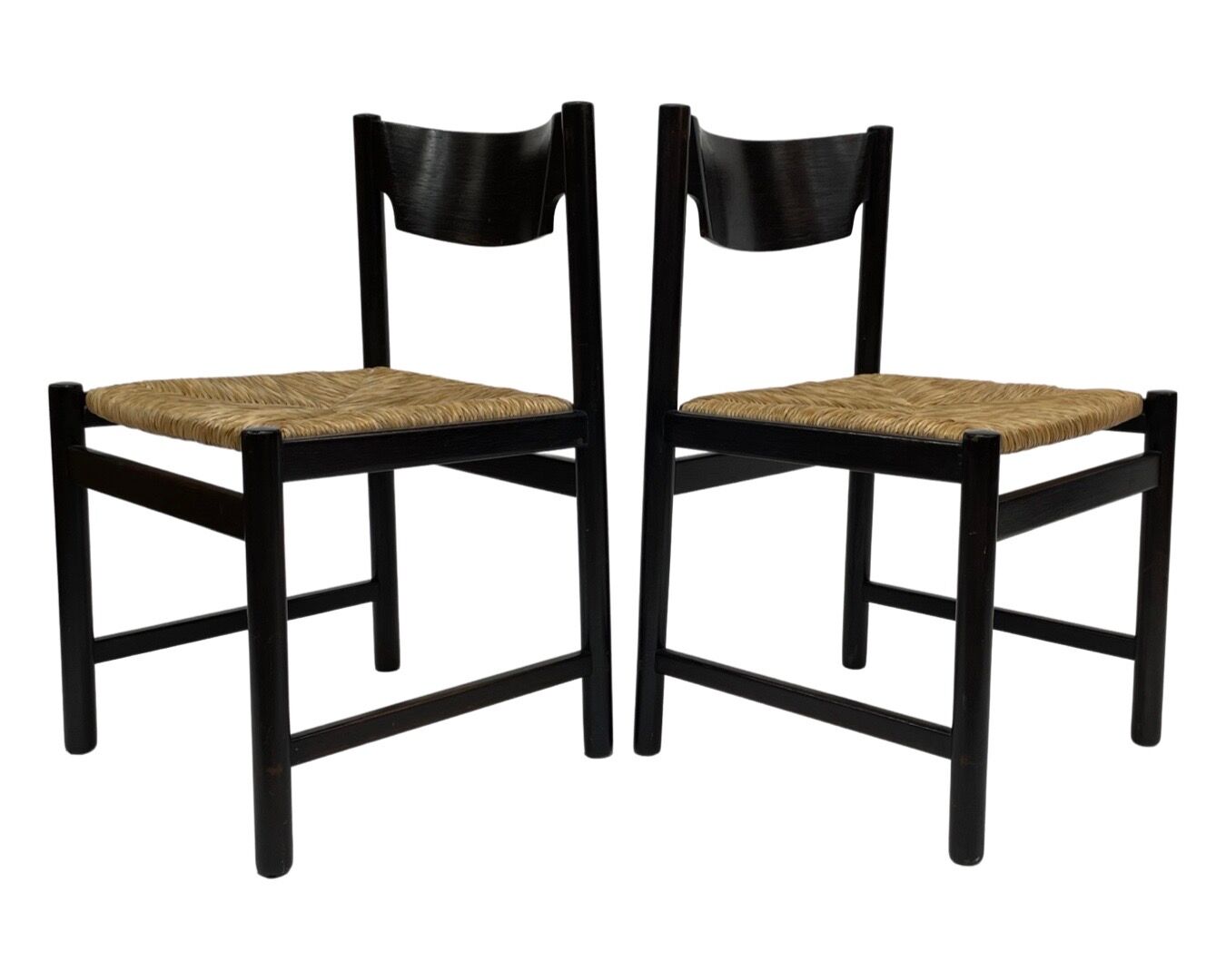 4 vintage dining room chairs with braided seat in wenge wood, 1970s