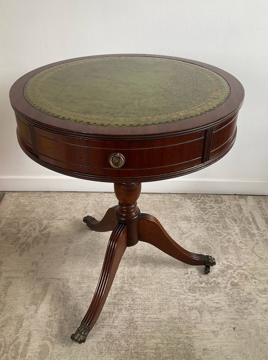 Antique Mahogany and Leather Side Table on Casters