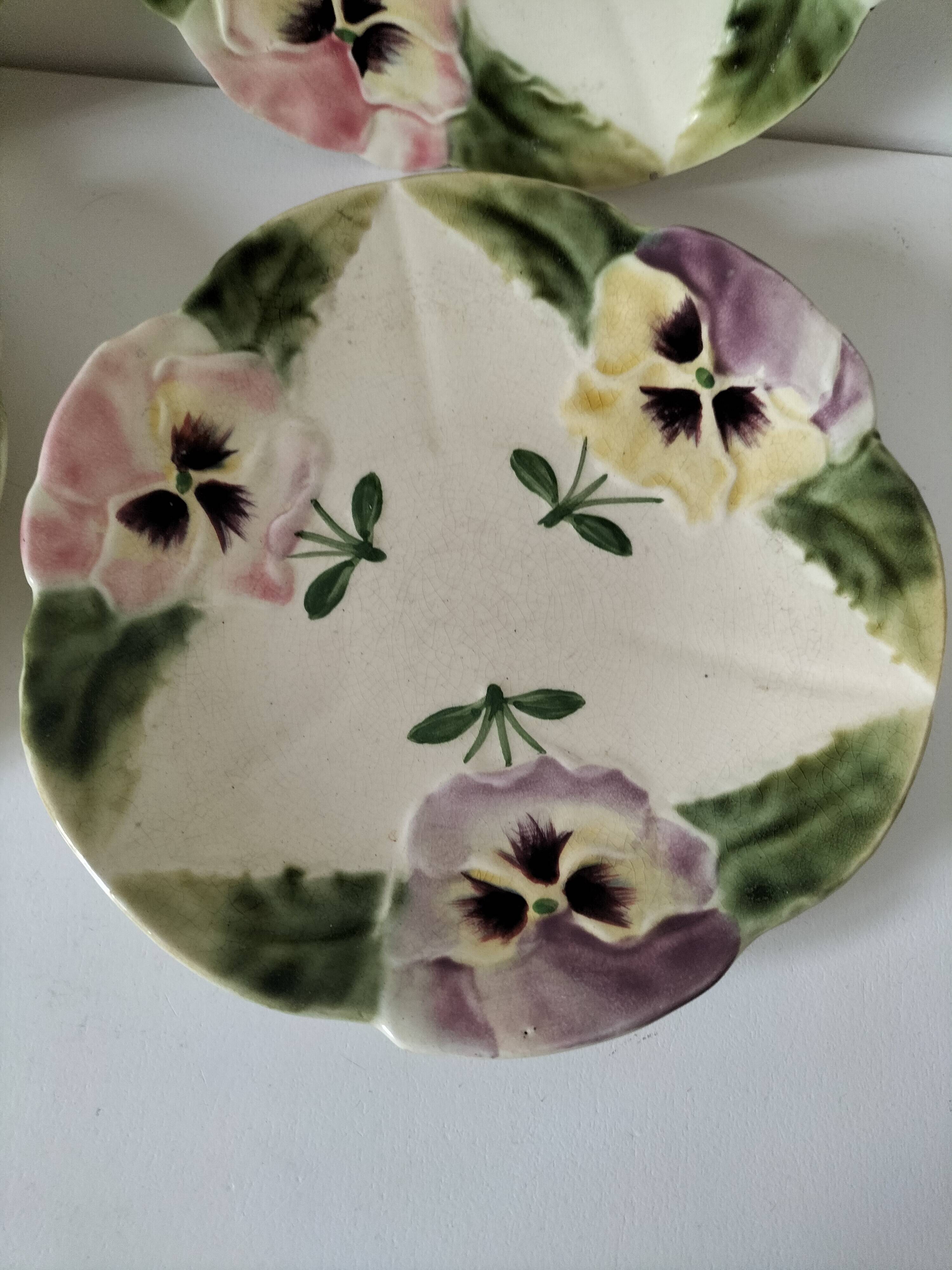 4 barbotine plates with pansies H. Boulenger Choisy-le-Roi