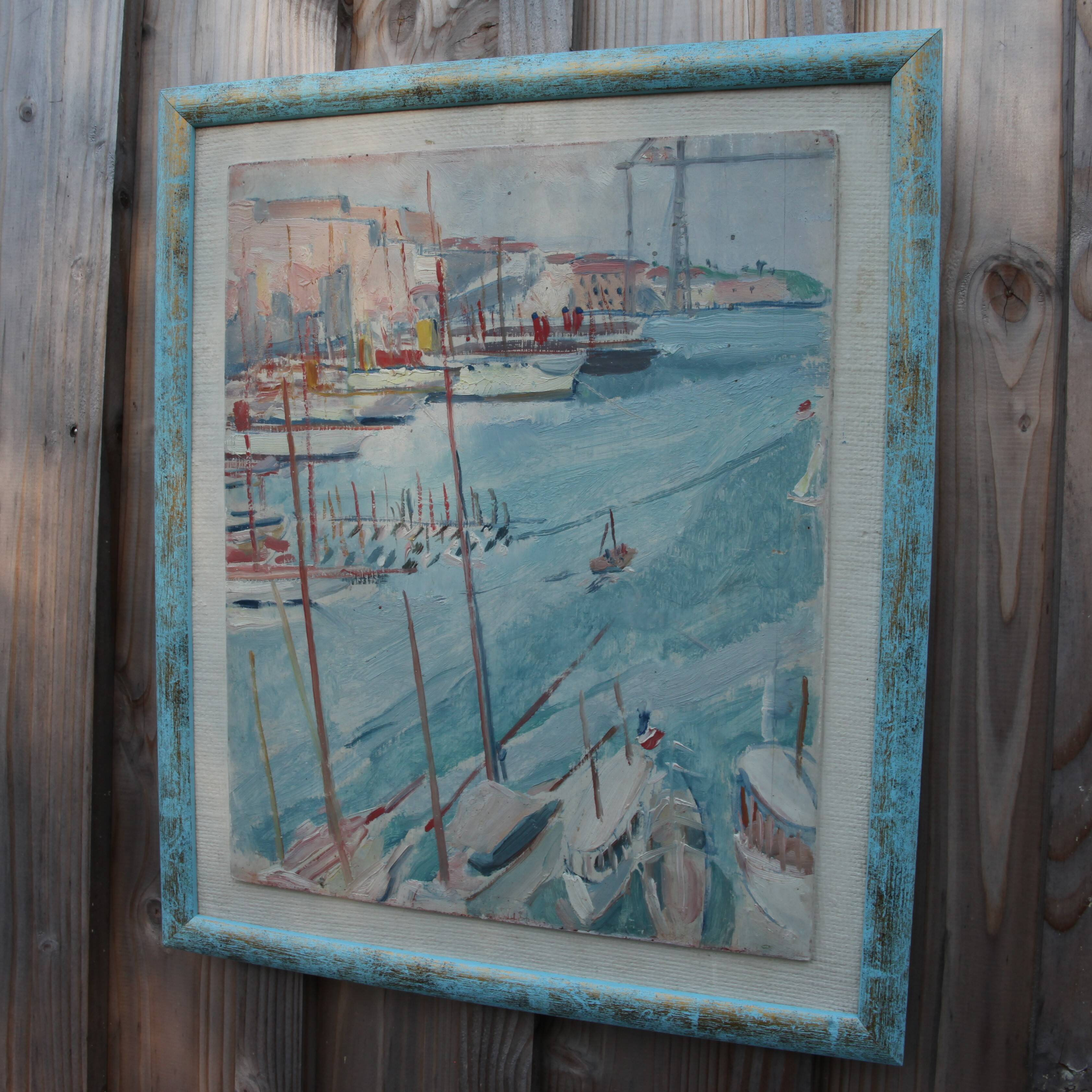 Huile sur panneau bois représentant le port de Marseille