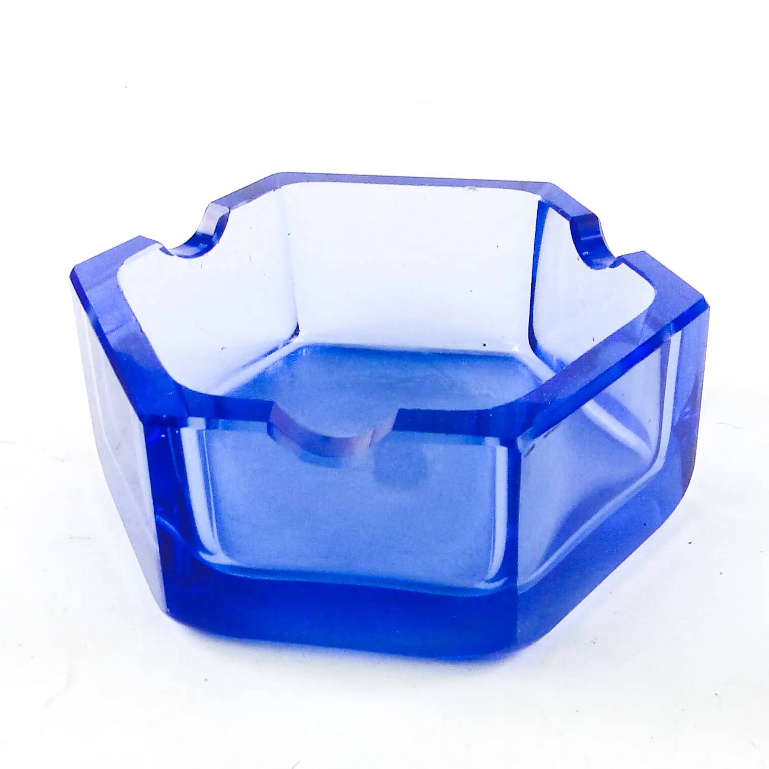 Art Deco ashtray, blue crystal, Bohemia Moser, Czechoslovakia, 1930s