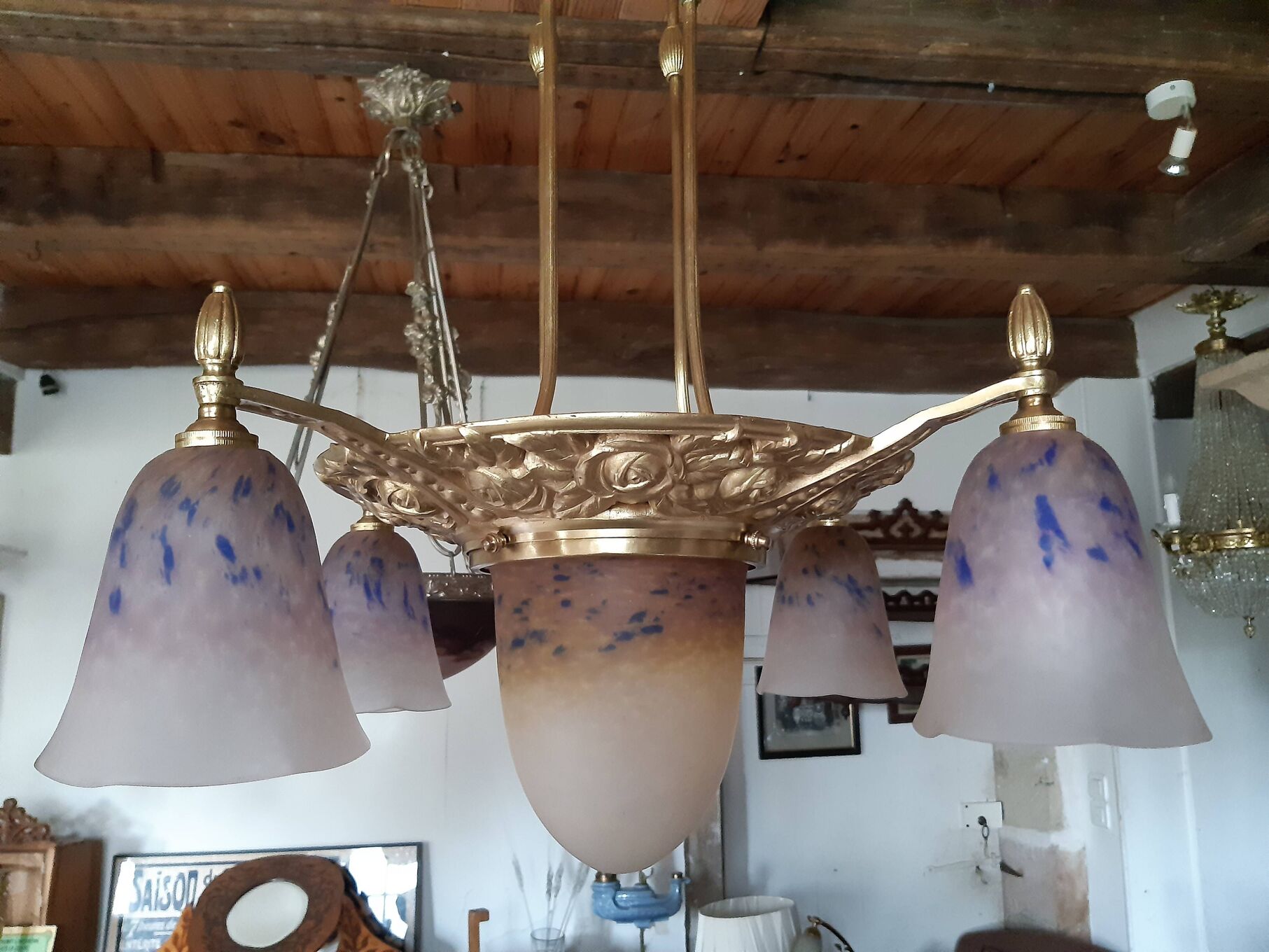 Lustre pâte de verre art déco Schneider 5 feux monture bronze. | Selency
