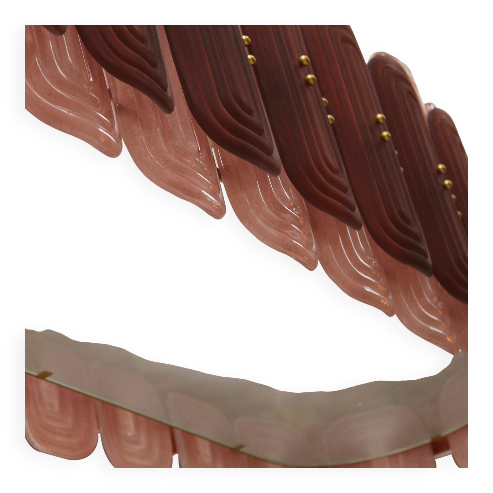 Italian Suspension Lamp with Gold Metal Structure and Red and Pink Murano Glass