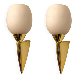 Pink Opaline Glass Brass Sconces Set of 2 1960’s