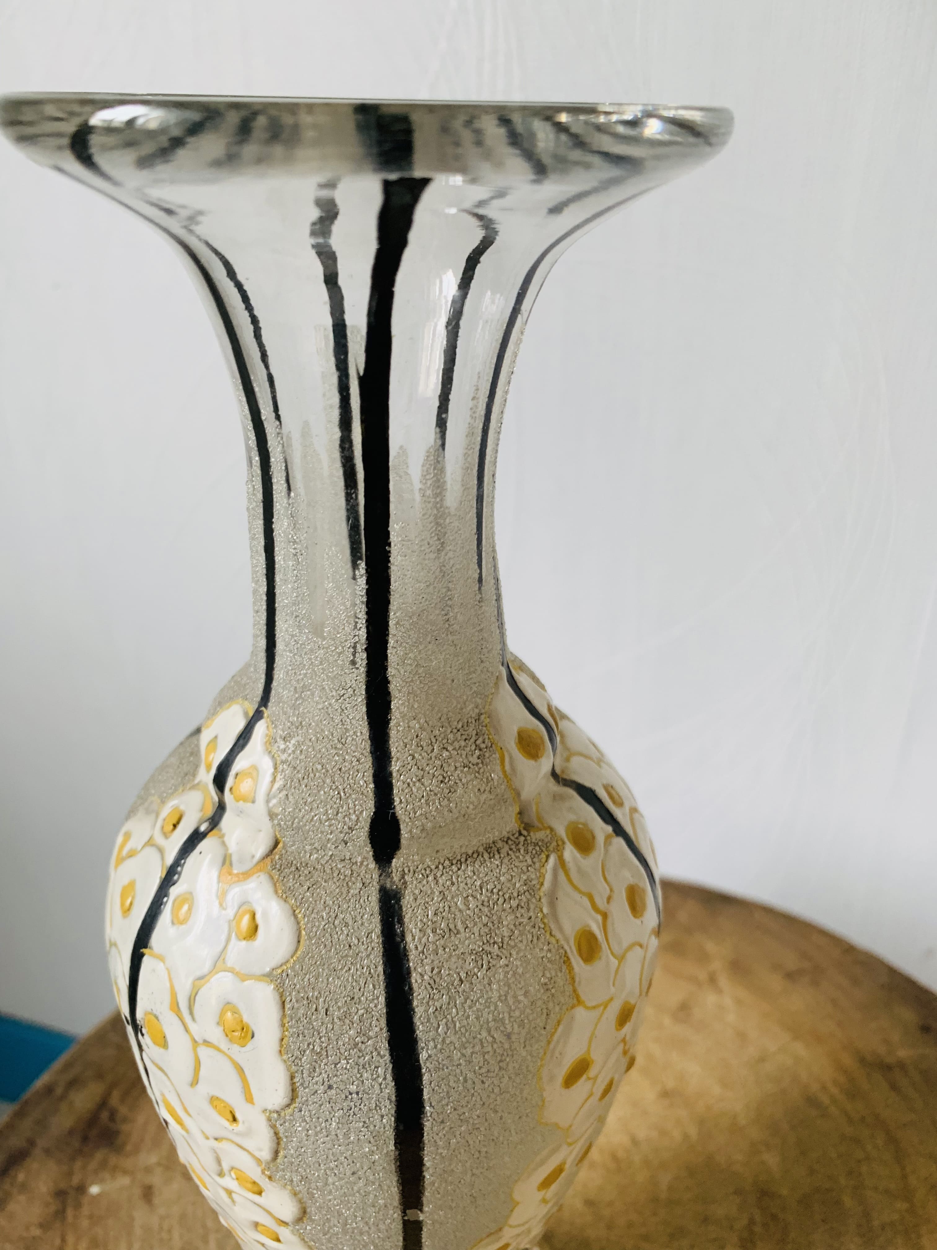 Glass and enamel vase with art deco flower decoration signed Mazoyer