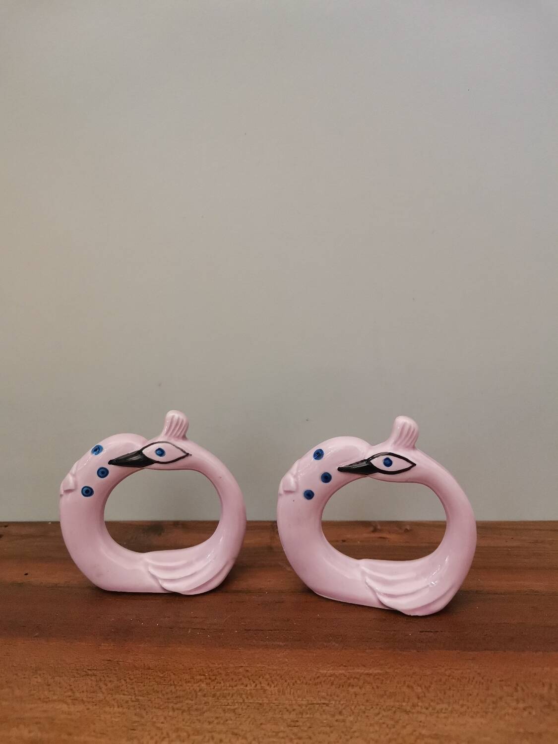 Set of 2 vintage ceramic barbotine napkin rings in the shape of a crane bird