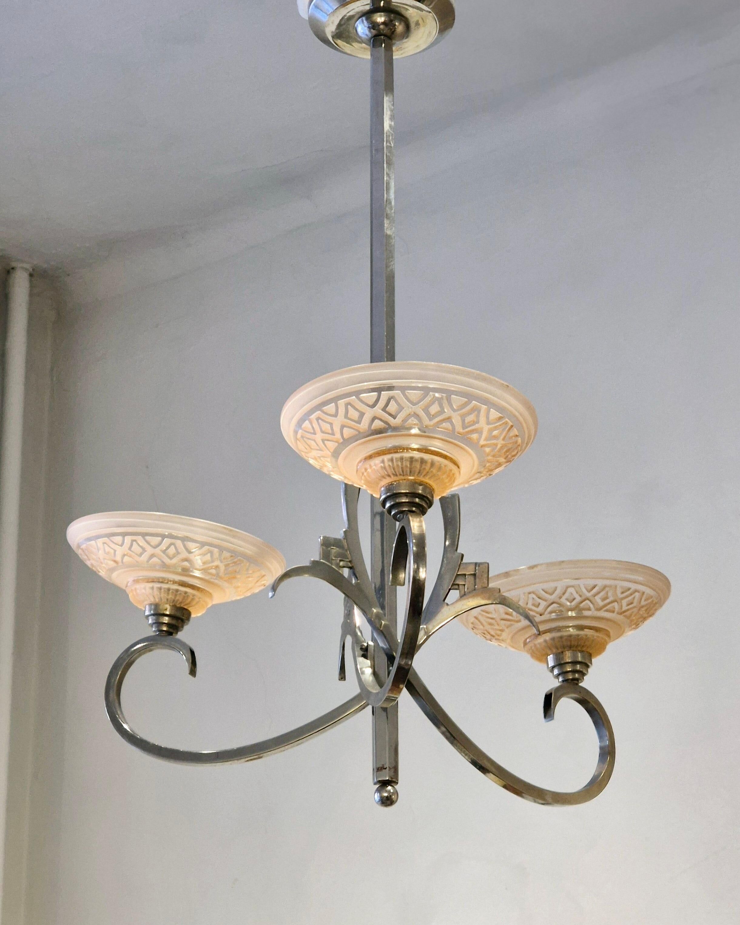 French chandelier, with pink glass shades, Art Deco