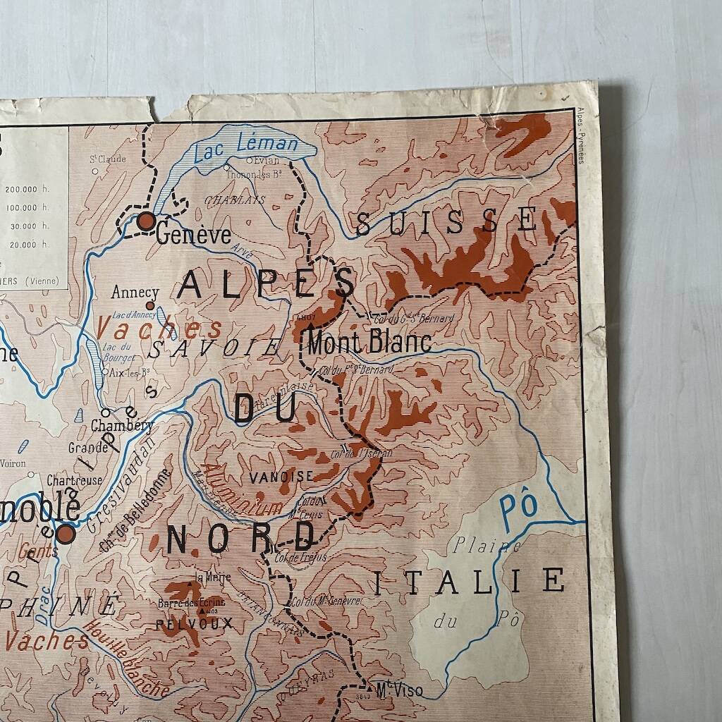 Vintage school map 1950 double-sided "The Alps / The Pyrenees"