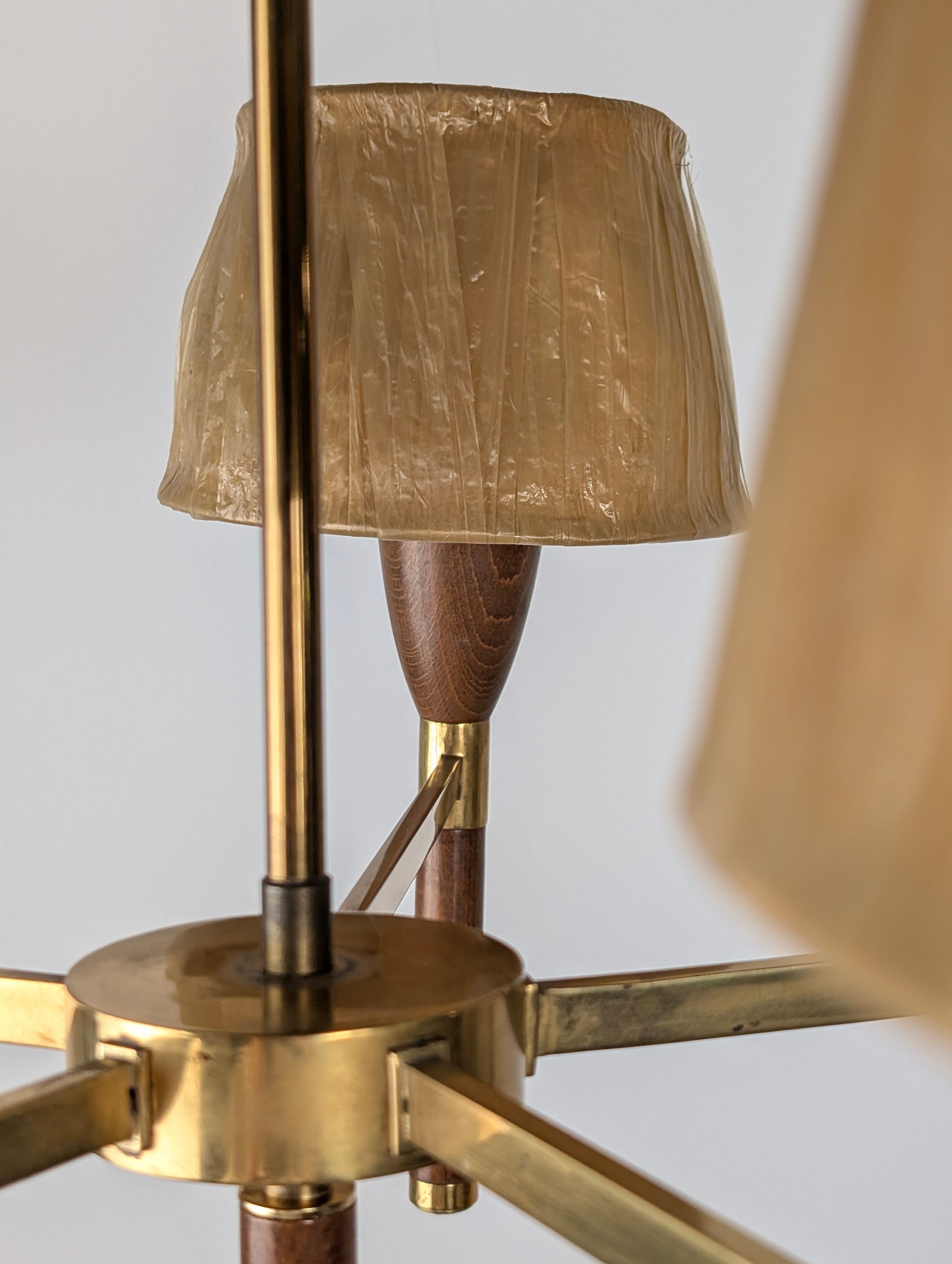 Danish five-arm lamp in wood and brass, 1950s