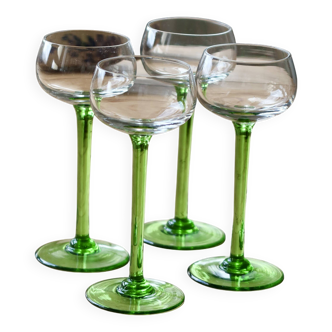 4 vintage liqueur glasses with green tulip base